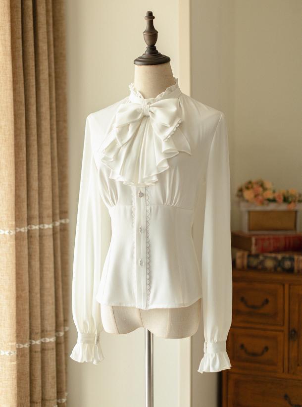 10) Gotisch Lolita-shirt, vintage blouse met lange mouwen en lotus-ruche, Victoriaanse damesblouse (L Wit