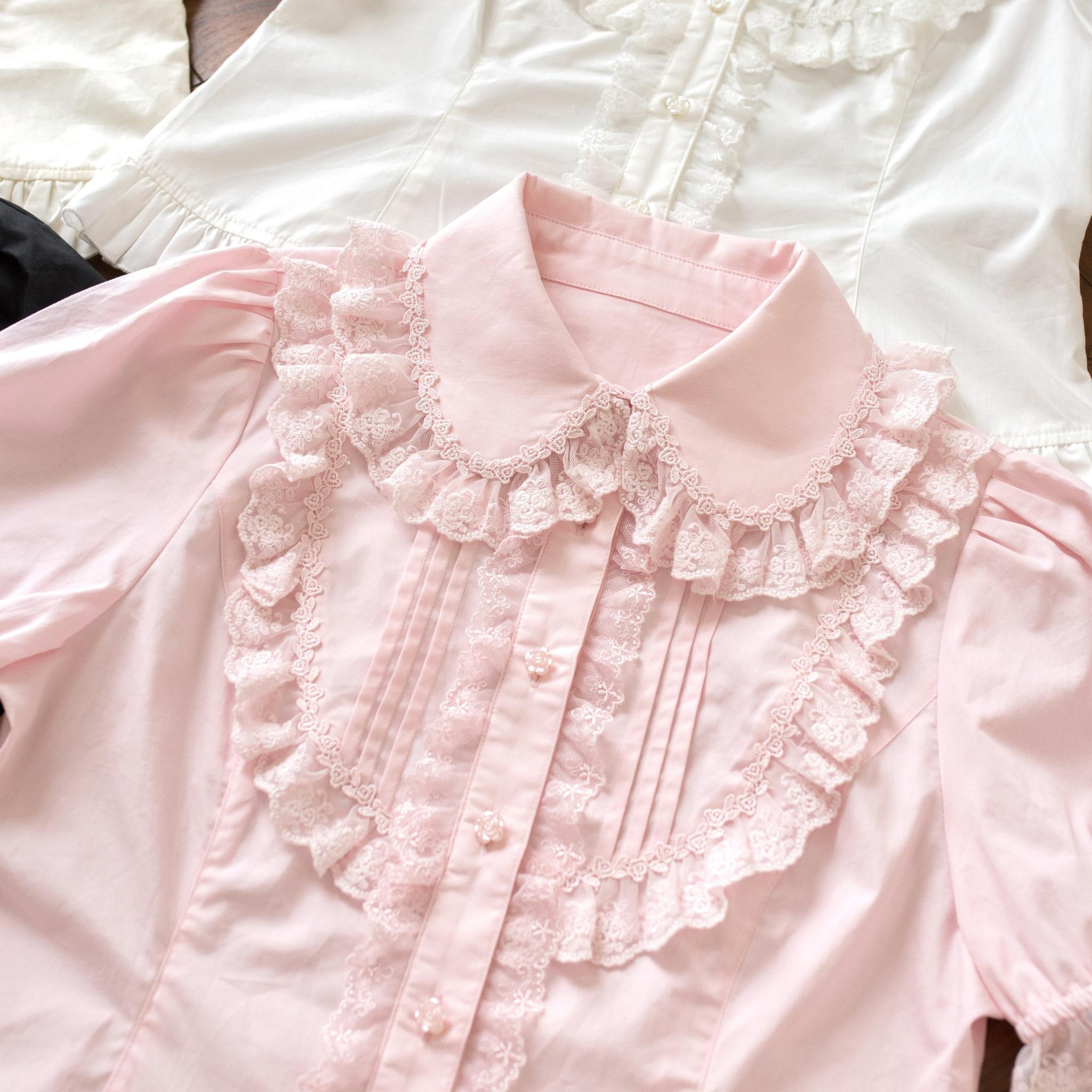 Sugar Heart Rose - Old School Lolita Cotton Blouse with Ruffles Pink Blouse - Bib-style Collar S