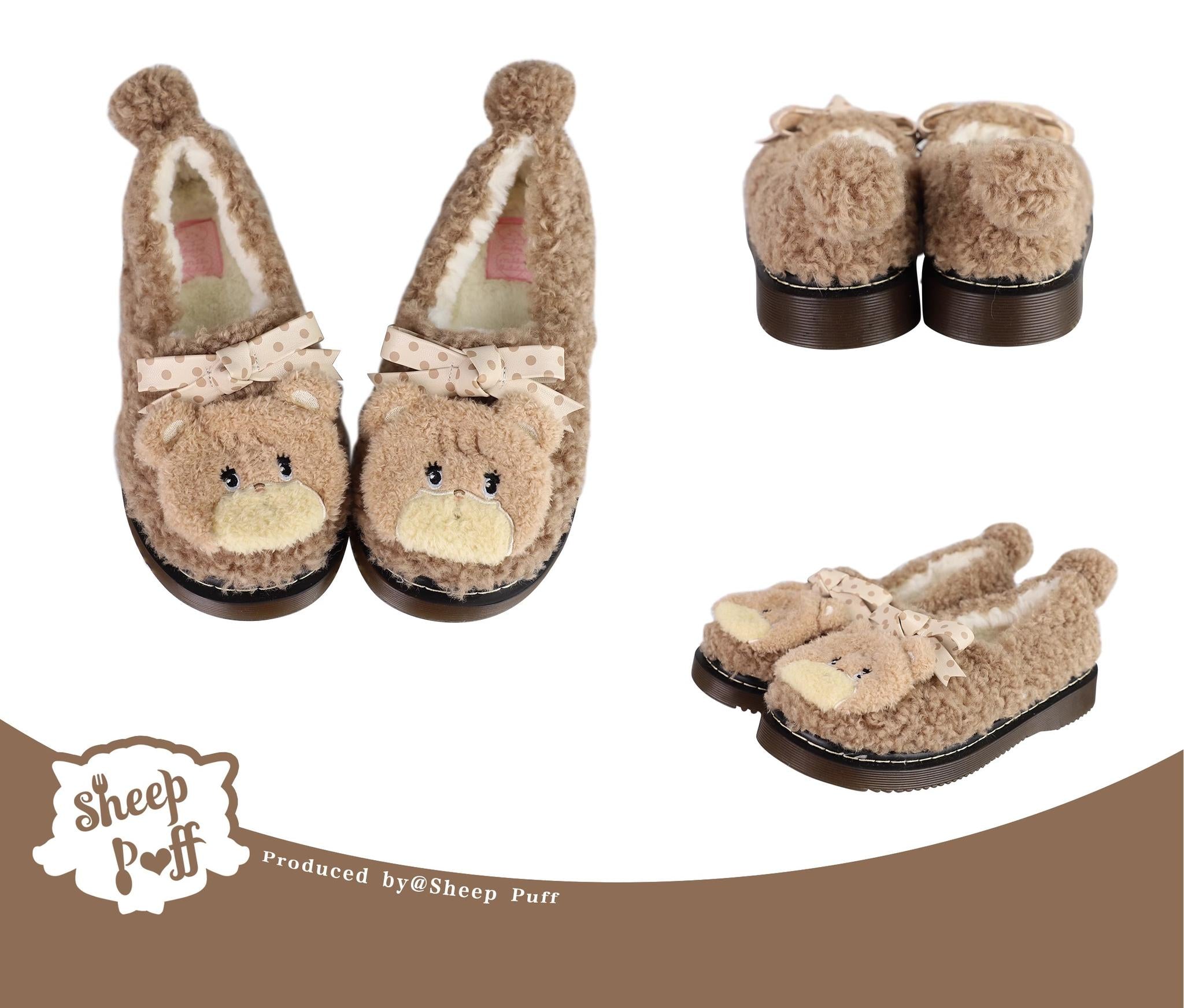 Sheep Puff - Mikko Rolled - Winter Lolita Shoes Warm Fleece Shoes Dark brown 34