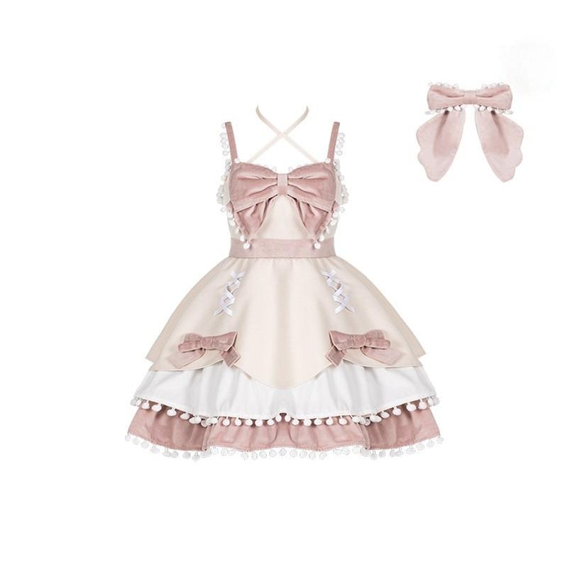 With PUJI - Confession Function - Wool Kawaii Lolita JSK Dress Suit S Pink JSK + Back Bow Trailing