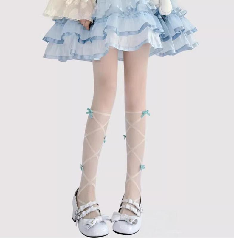 Daily Lolita Summer Pantyhose, Delicate Bows Blue Bows One Size