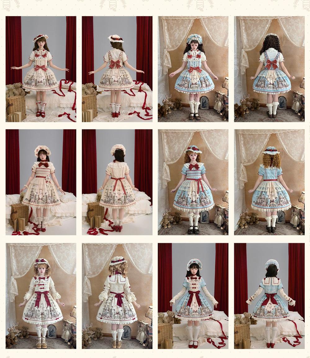 Pancake Postman - Kawaii Lolita Printed OP & Salopette Dress, Lace & Bows 45174:838688