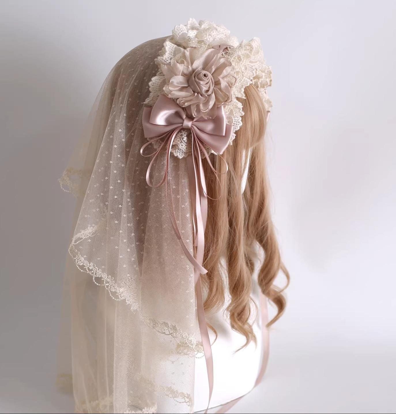 Elegant Champagne Lolita Headdress, Floral & Bows Burned Floral Hairband with Large Veil Only (with fixed clip)