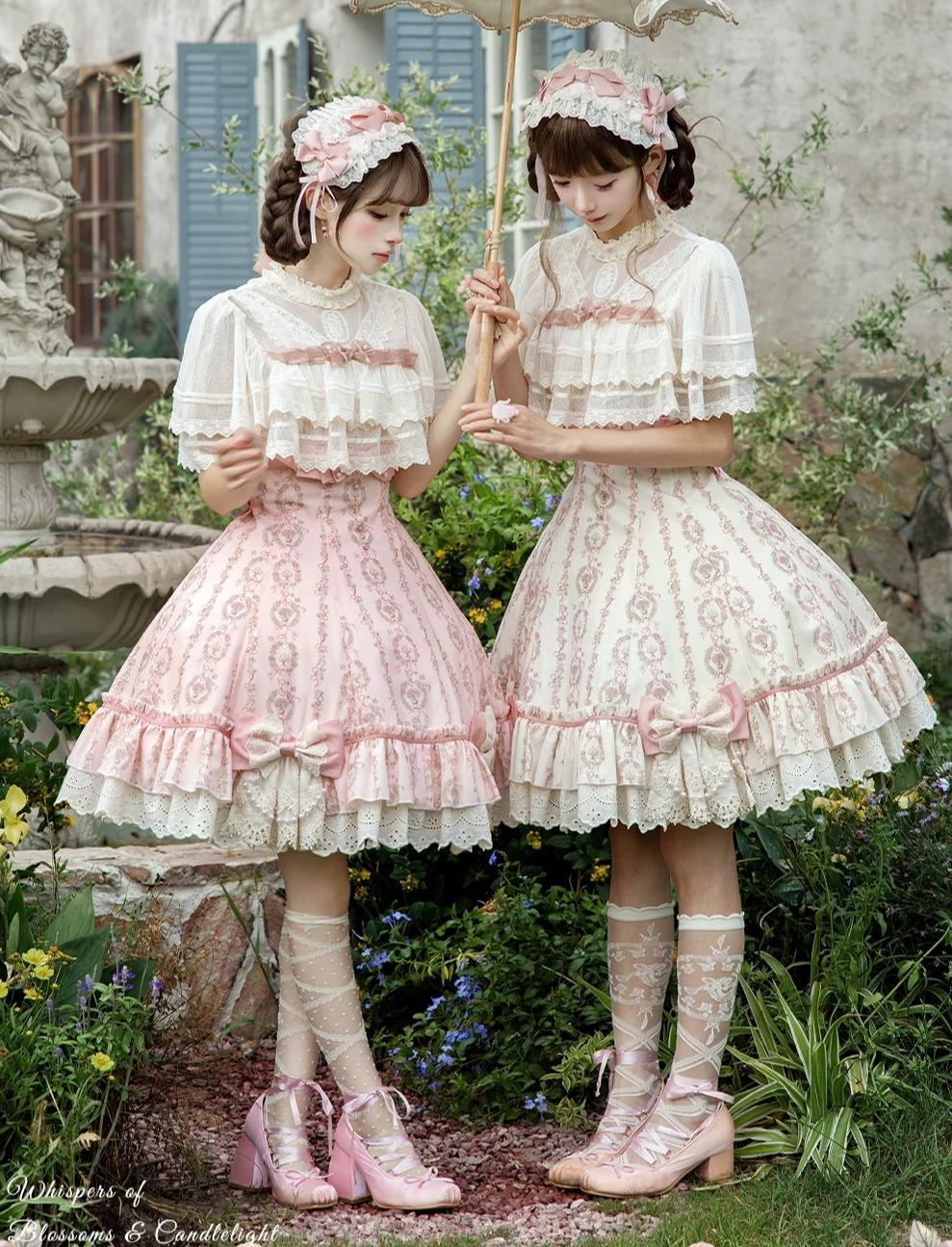 Whispers of Blossoms & Candlelight - Sweet Lolita Floral Printed JSK Dress with Bows 45631:856585