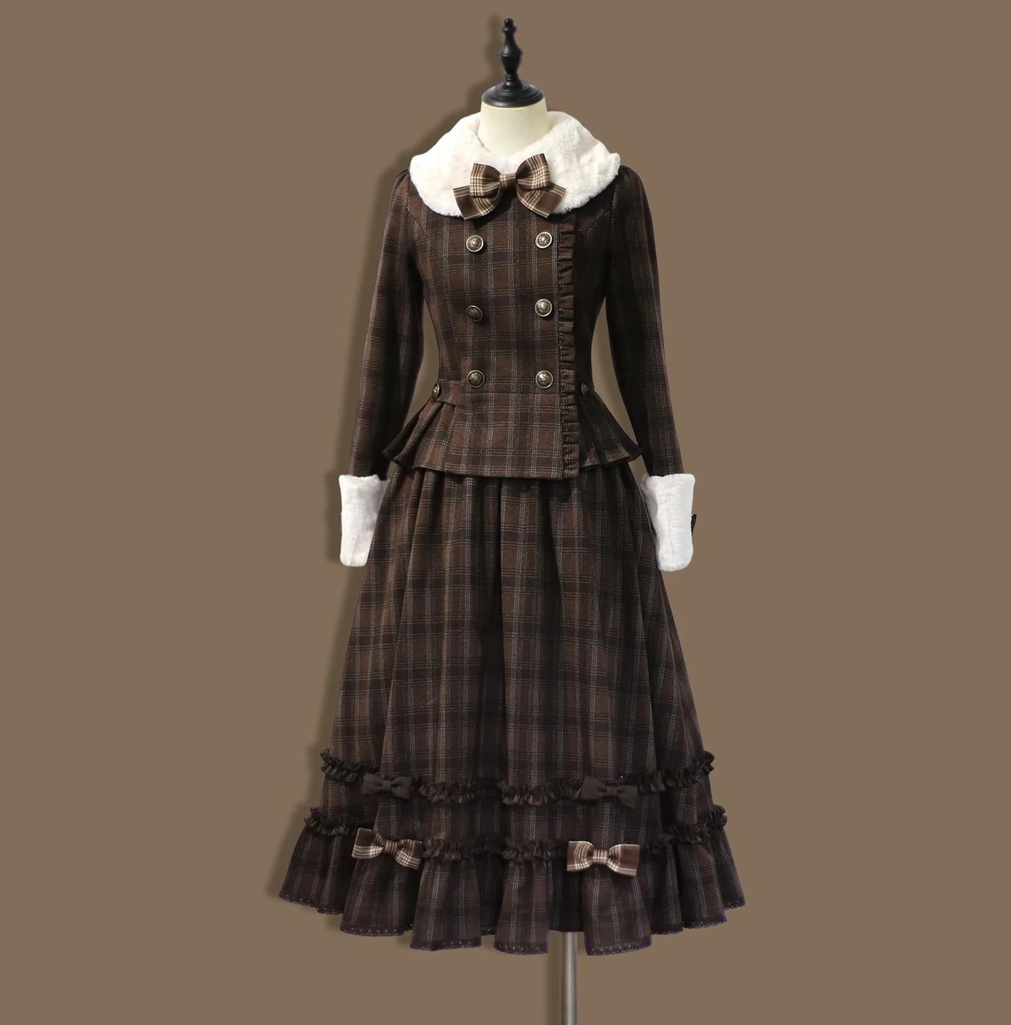 Filled Chocolate - Winter Classic Lolita Plaid Coat Set, Detachable Plush Collar (L M S XL XS) 45900:867183