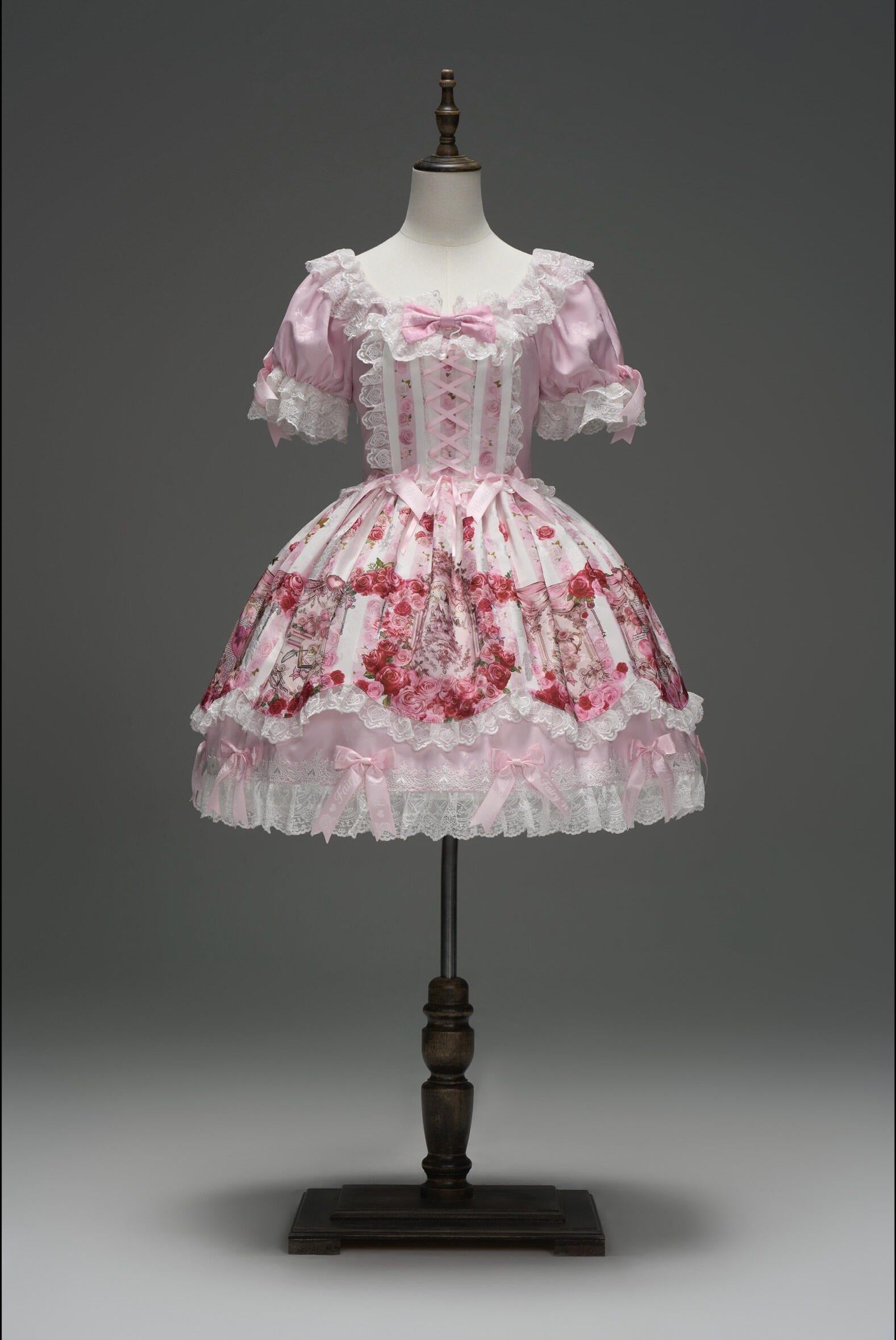 Rose Dream Isle - Sweet Lolita Rose Wall Print Dress, Embroidery & Bows Round-Neck OP XS