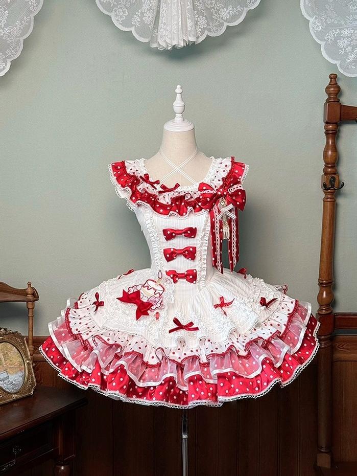 Shuang Sheng Xiao Xiong - Bite The Cake - Sweet Lolita Dress, Red & White Polka Dots (JSK / L M S XL XS) 43600:780770