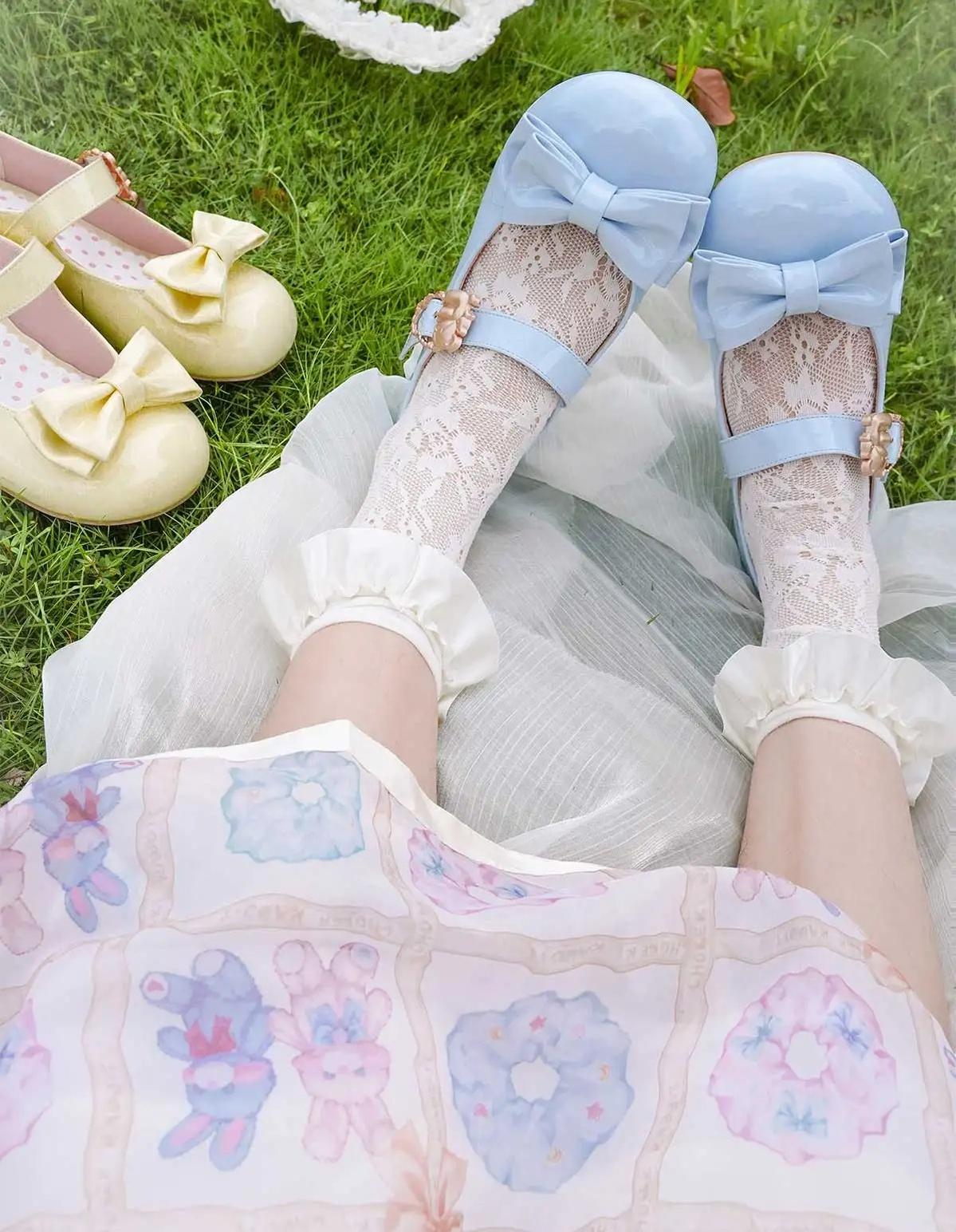 Sheep Puff - Hug Bear - Sweet Lolita Heel Shoes Bear Metal Buckle Bow Shoes 35 Patent Leather Blue - Low Heel