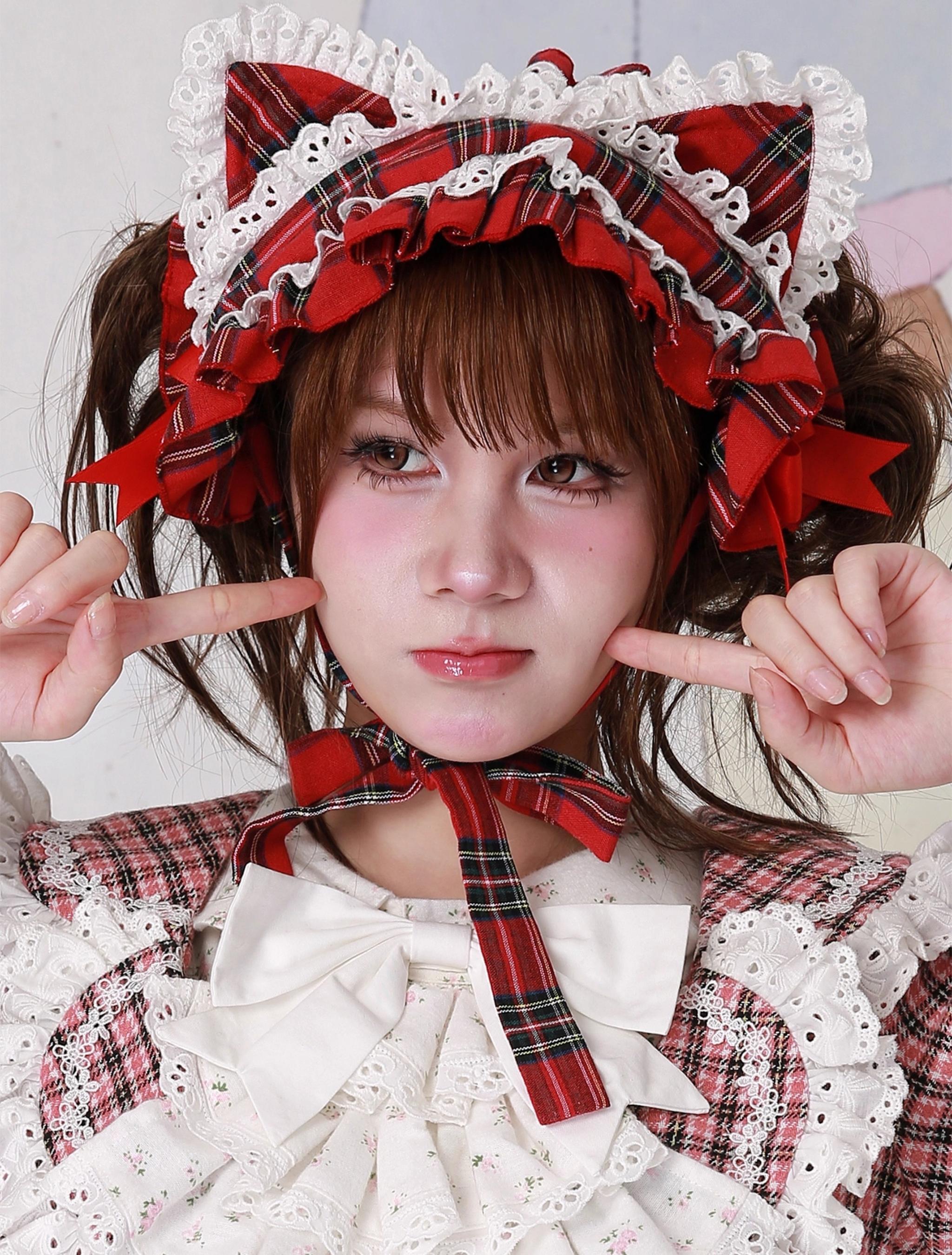 Soso Meme Club - Christmas Sweet Lolita Hairband, Red Plaid Cat Ear 44110:795100
