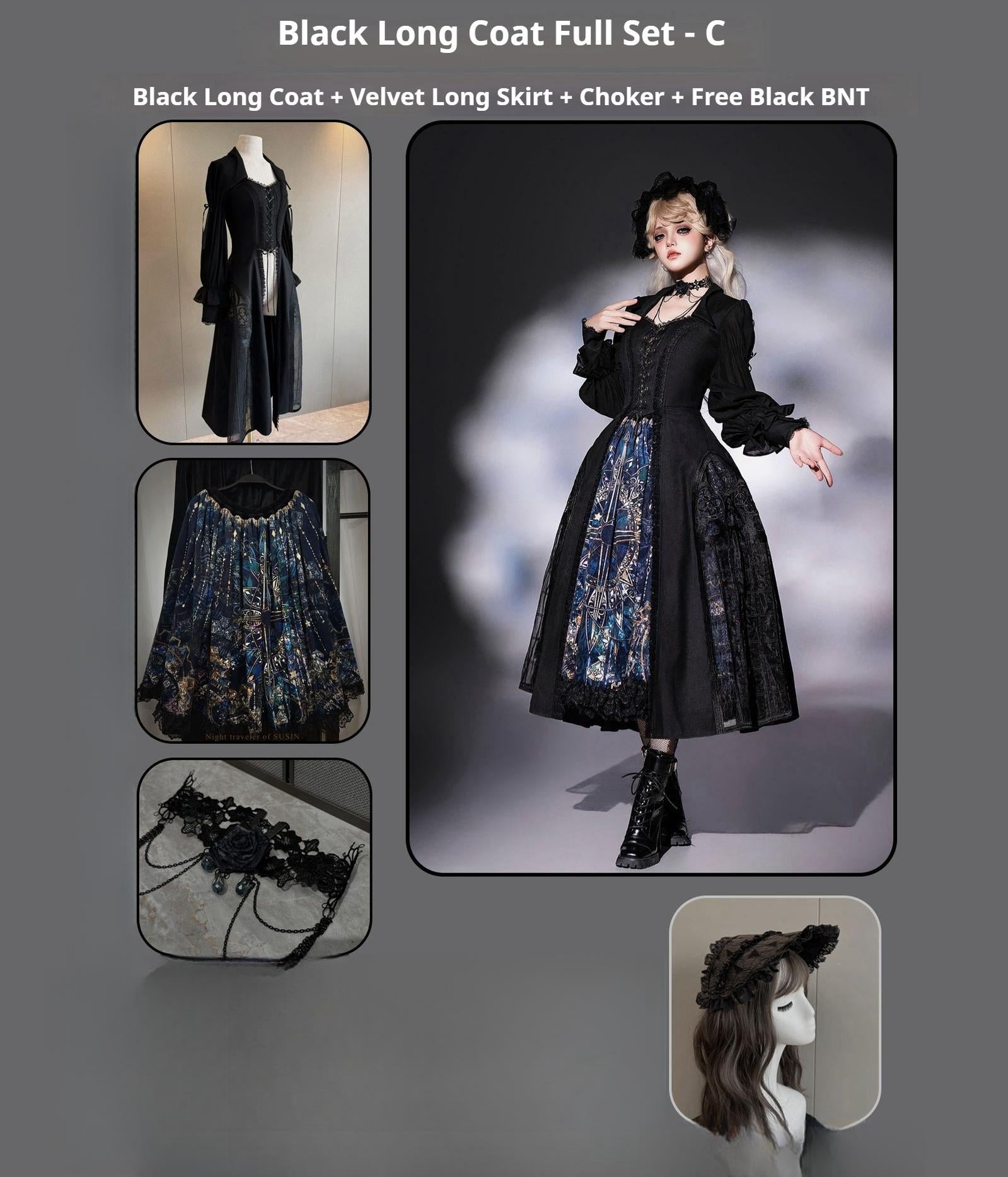 Susin Lolita - Night Traveler - Gothic Lolita Skirt Outfit Long Coat Shirt and Bustier Set (L M S XL) 42118:727526