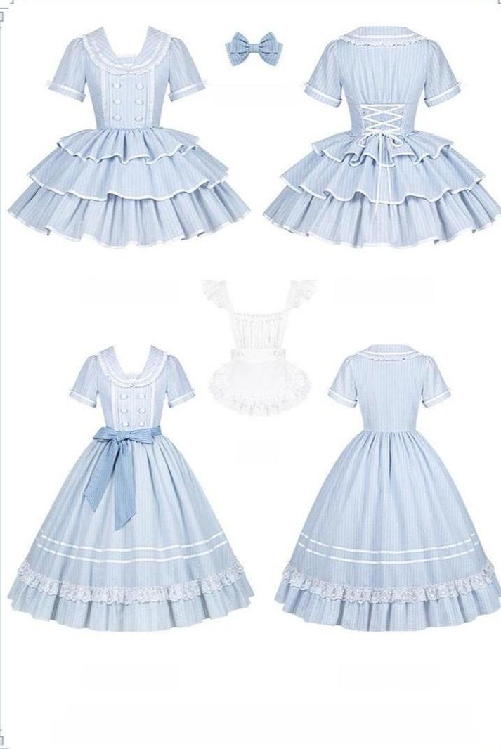 Seven-Day Bell - Blue Classic Lolita Striped OP Dress, Sailor Collar