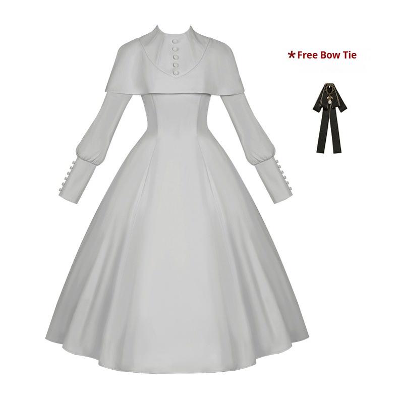 With PUJI - 13th Night - Gothic Lolita OP Dress with Built-in Cape Gray OP with Bow Tie S