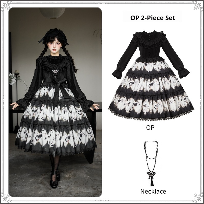 With PUJI - Dead Leaf Butterfly - Gothic Lolita JSK & OP Dress Set, Butterfly Print (L M S) 44346:805423
