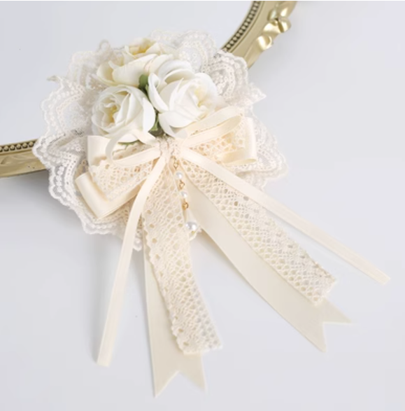Xiaogui - Sweet Lolita Ivory Lace bow Hair Accessories No.2 flower maru brooch fish mouth clip