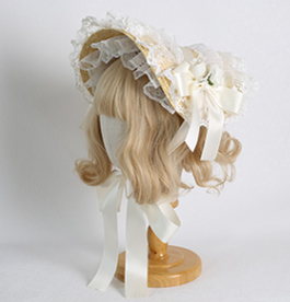 Xiaogui - Sweetie Zhi Fan - Country Lolita Lace French Straw Hat no restriction on head circumference, with fixing clip cream white