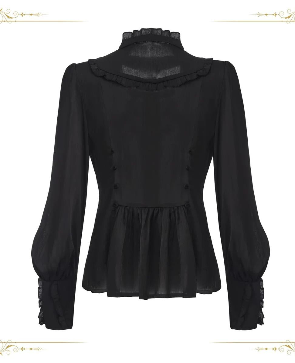 Eternal Rabbit Invitation - Ouji Lolita Vintage Long Sleeve Blouse, Ruffles V-Neck