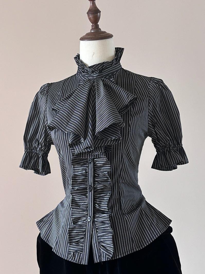 FlowerFairyDaily - Trace Night - Gothic Lolita Short-sleeved Shirt with Adjustable Waist Black Stripes S