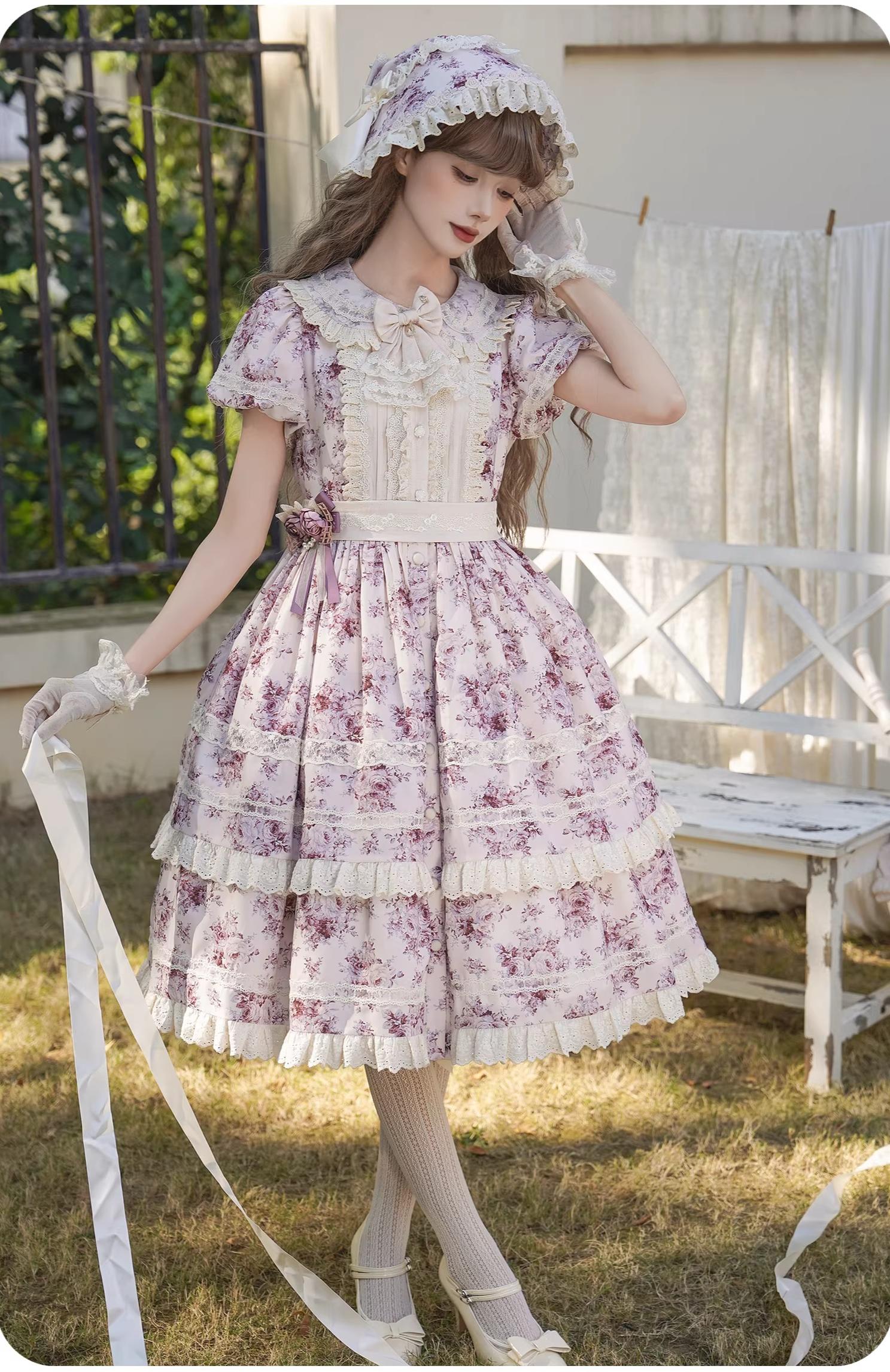 Black Rose - Printed Old School Lolita Dress, Front Opening 44636:817105