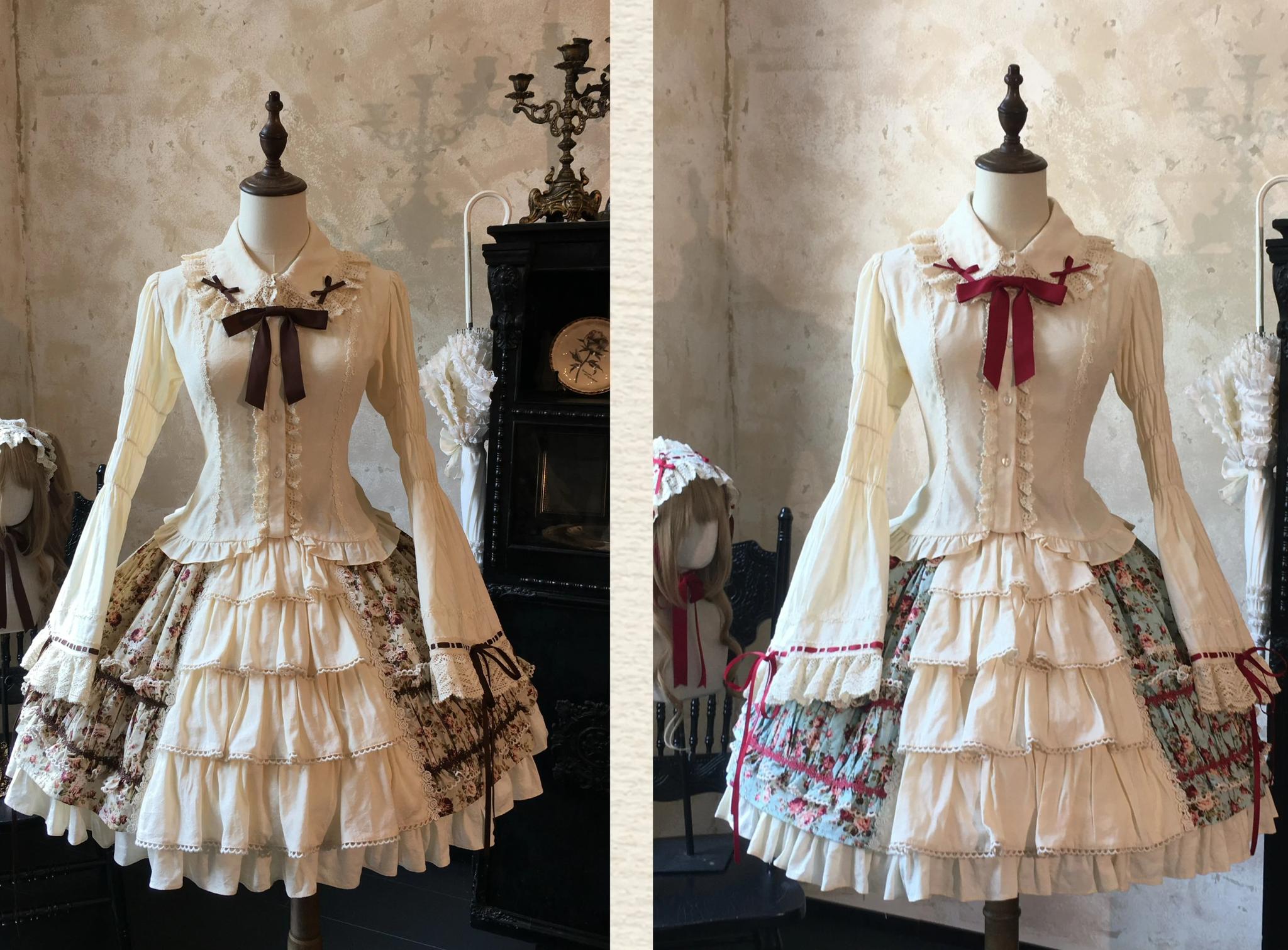 Old Rose Garden - Cotton Old School Lolita Top & Skirt Set, Floral Print 45886:866549