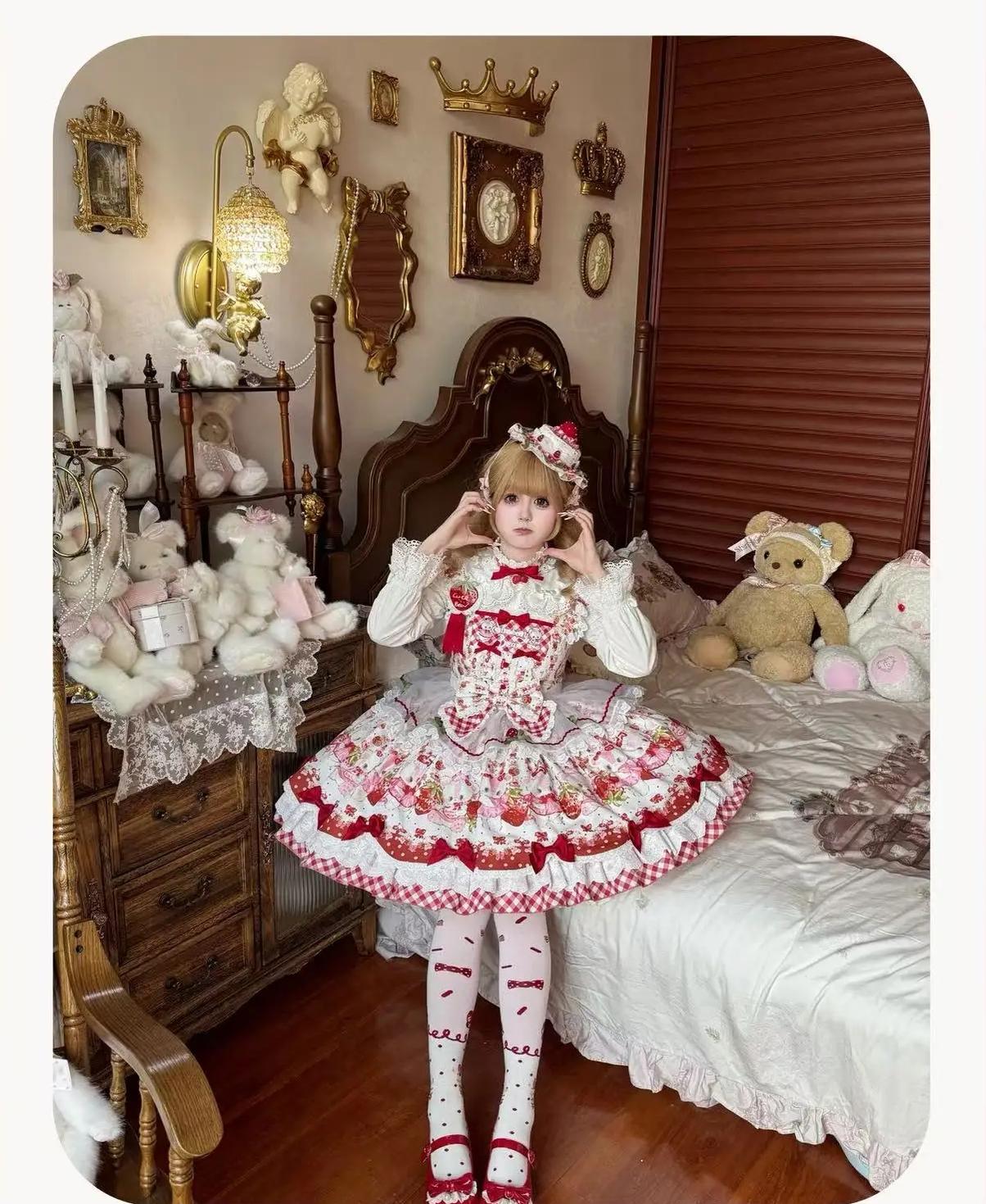 Berry Bear Whisper - Sweet Lolita JSK Set, Strawberry Bear Themed Print 45904:867463