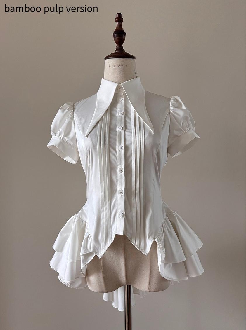 FlowerFairyDaily - Midnight Prayer - Solid Lolita Shirt with Flowing Tiered Back Hem White - Shirt Only (bamboo pulp version) S