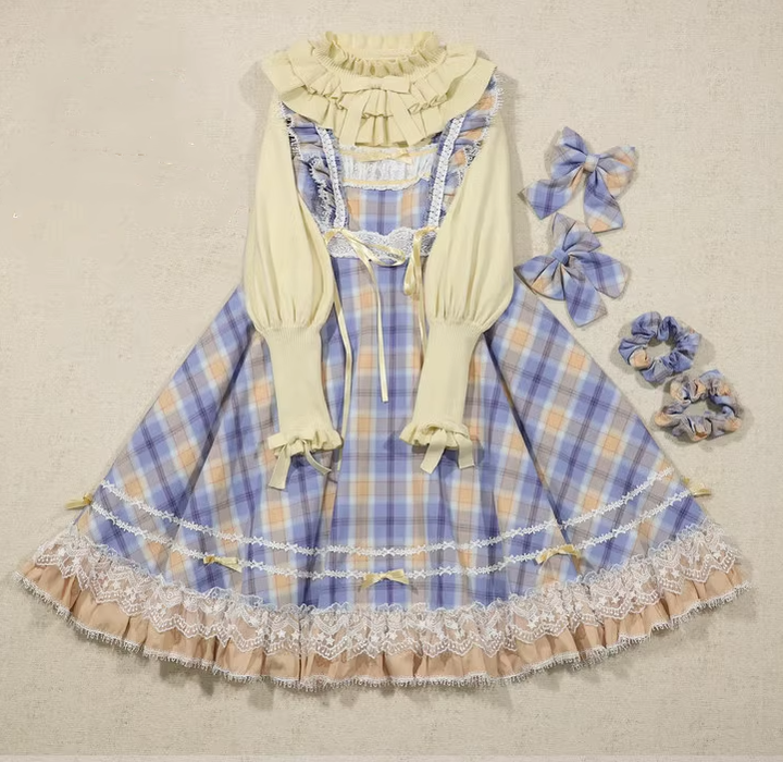 Miaoplus - Sweet Lolita Plaid JSK Multicolors Lucky Bag plaid SK lucky bag- XS blue-yellow plaid long JSK