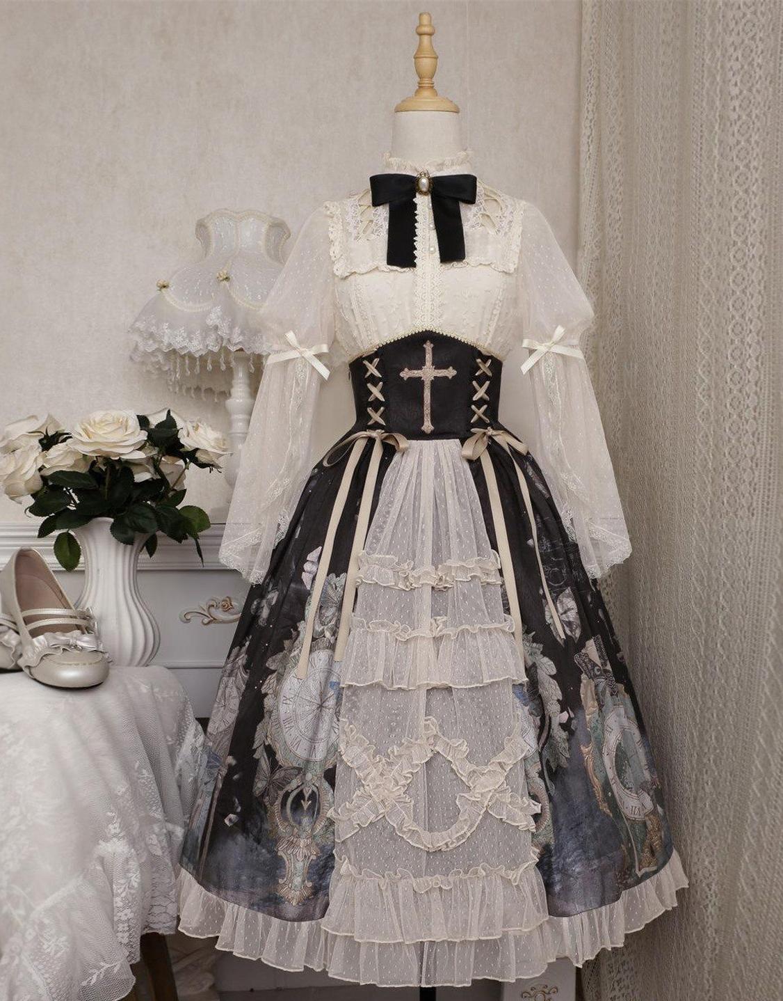 Clock Butterfly - Gothic Lolita Printed Blouse and Corset Skirt Set 3-piece Set (blouse + camisole + skirt + bow tie) S