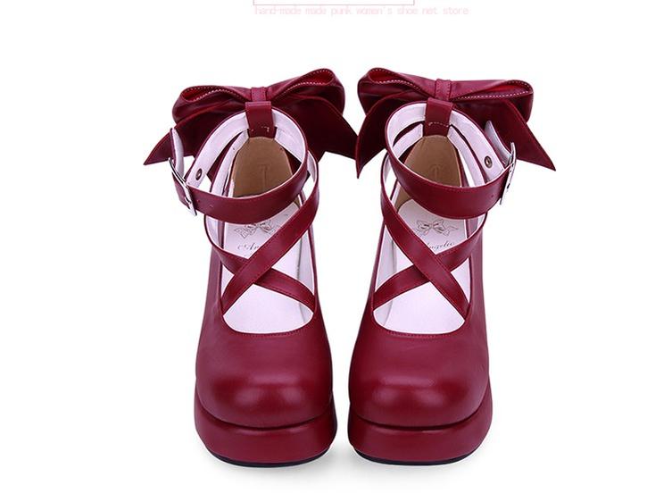 Angelic Imprint~Daily Lolita Leather Shoes Platform Medium Heel Big Bow Shoe 33 Burgundy 