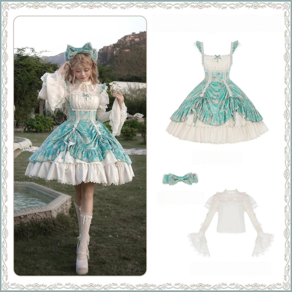 Old Courtyard Floral Letter - Classic Lolita Printed JSK Dress Set, Drawstring Lift-up Hem (L M S) 46102:875324