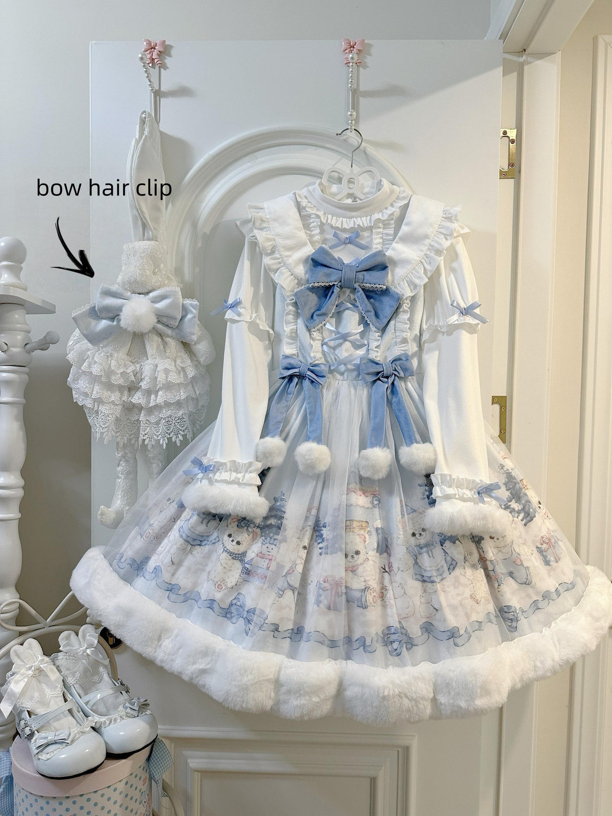 Winter Cozy Bear - Winter Kawaii Lolita JSK Dress, Snowman Print JSK + A Bow Hair Clip S