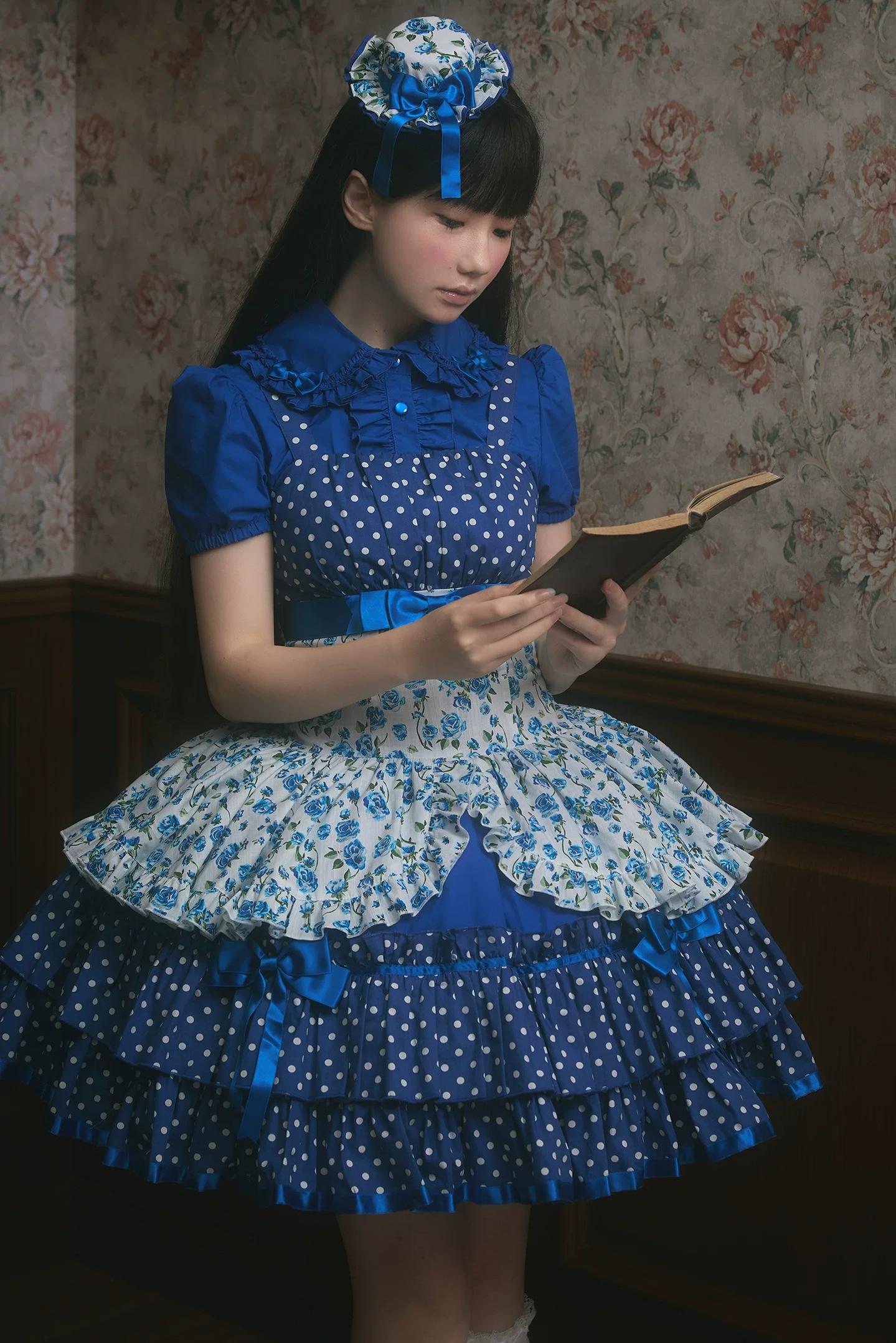 Libobo - Cotton Old School Lolita JSK Dress, Polka Dot & Floral Print 45878:866113