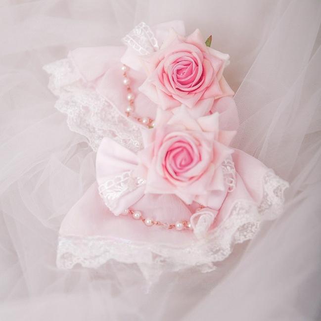 Dawn Wedding - Sweet Lolita Headress, Rose Decorated BNT Pair of Cuffs Only Pink