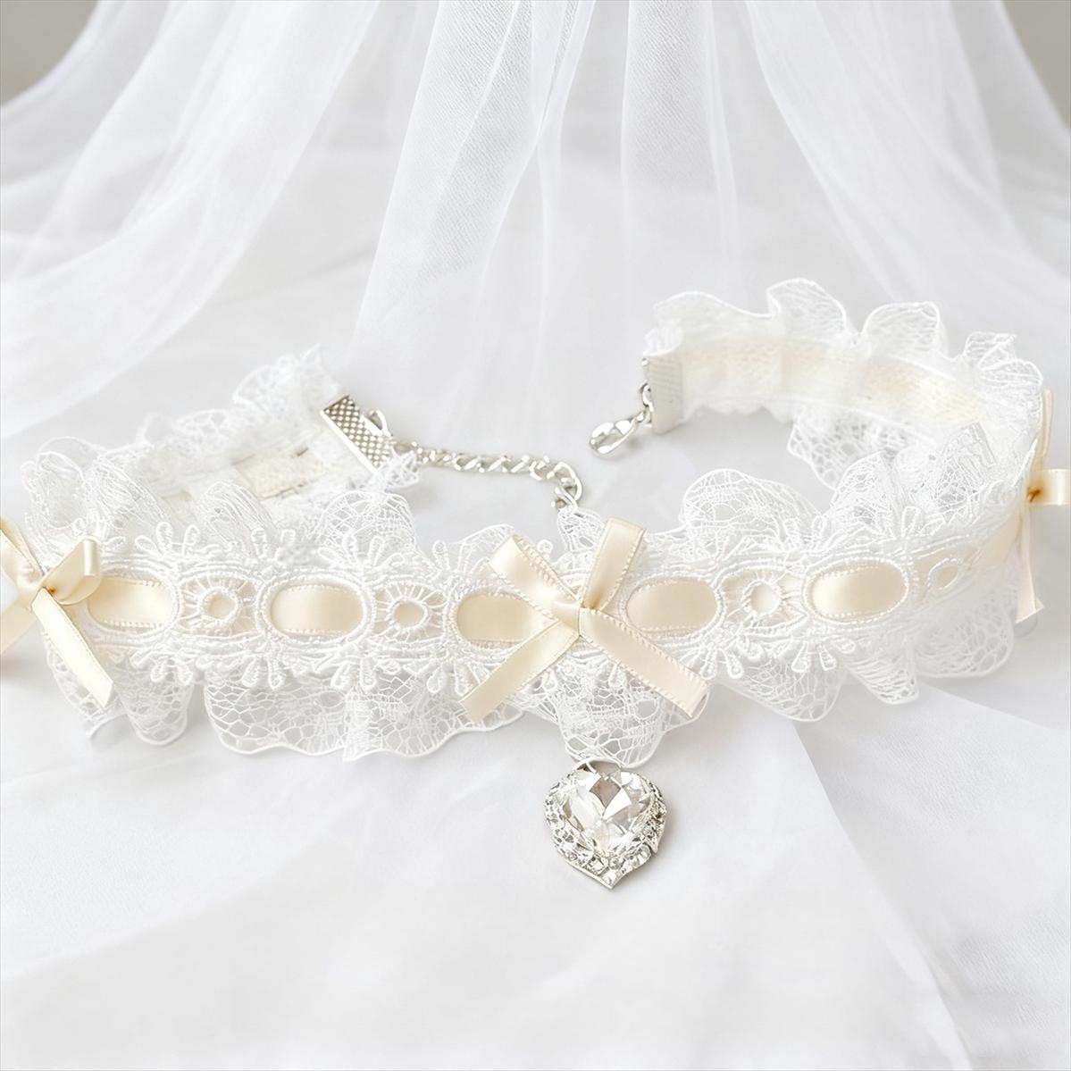 Sweet Lolita Choker, Heart Rhinestone & Bows (杏色) 45011:831667