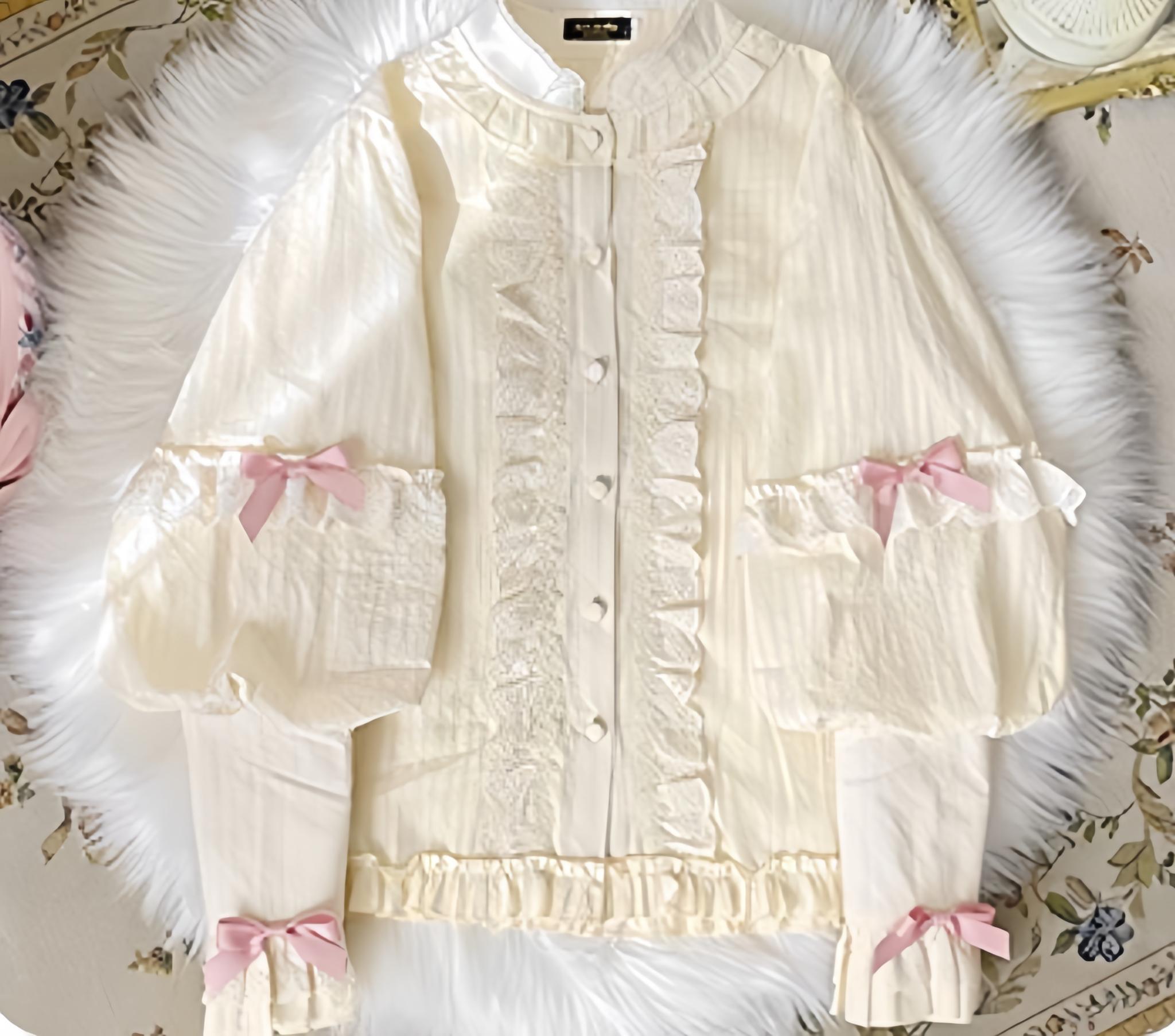 Uncle's Workshop - Angel Lamb - Kawaii Lolita Dress With Side Pockets, Lamb Print Pink Bow Shirt Only S