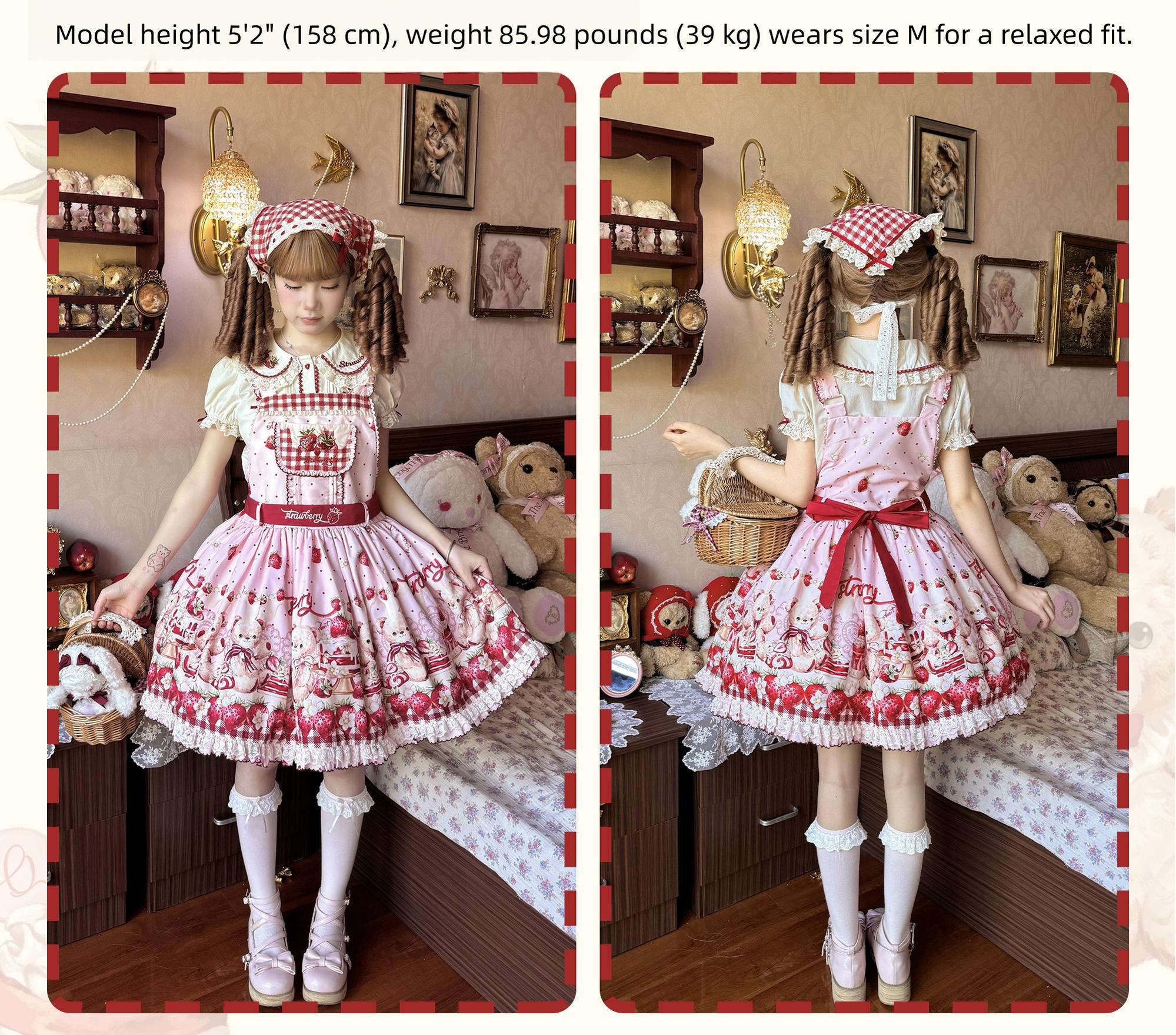 Velvet Strawberry - Sweet Lolita Salopette Dress, Bear & Strawberry Print