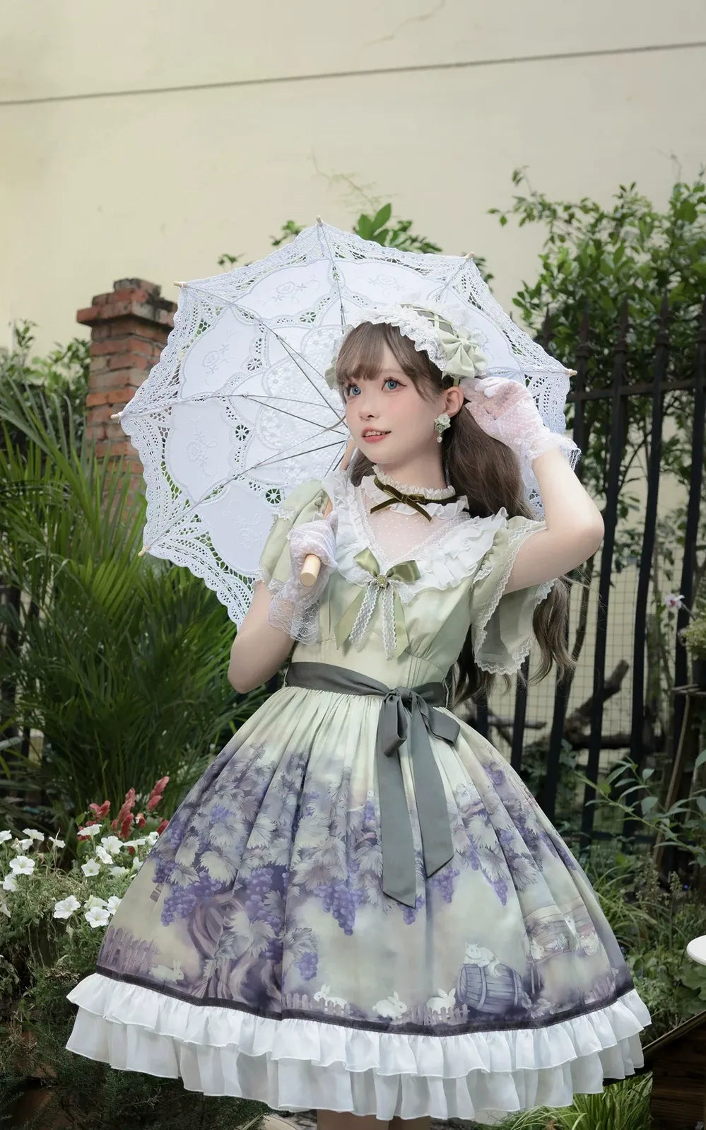 Grape Manor - Back Zipper Classic Lolita OP Dress, Bunny and Grape Print Light Green Dress (with hairband) Only S