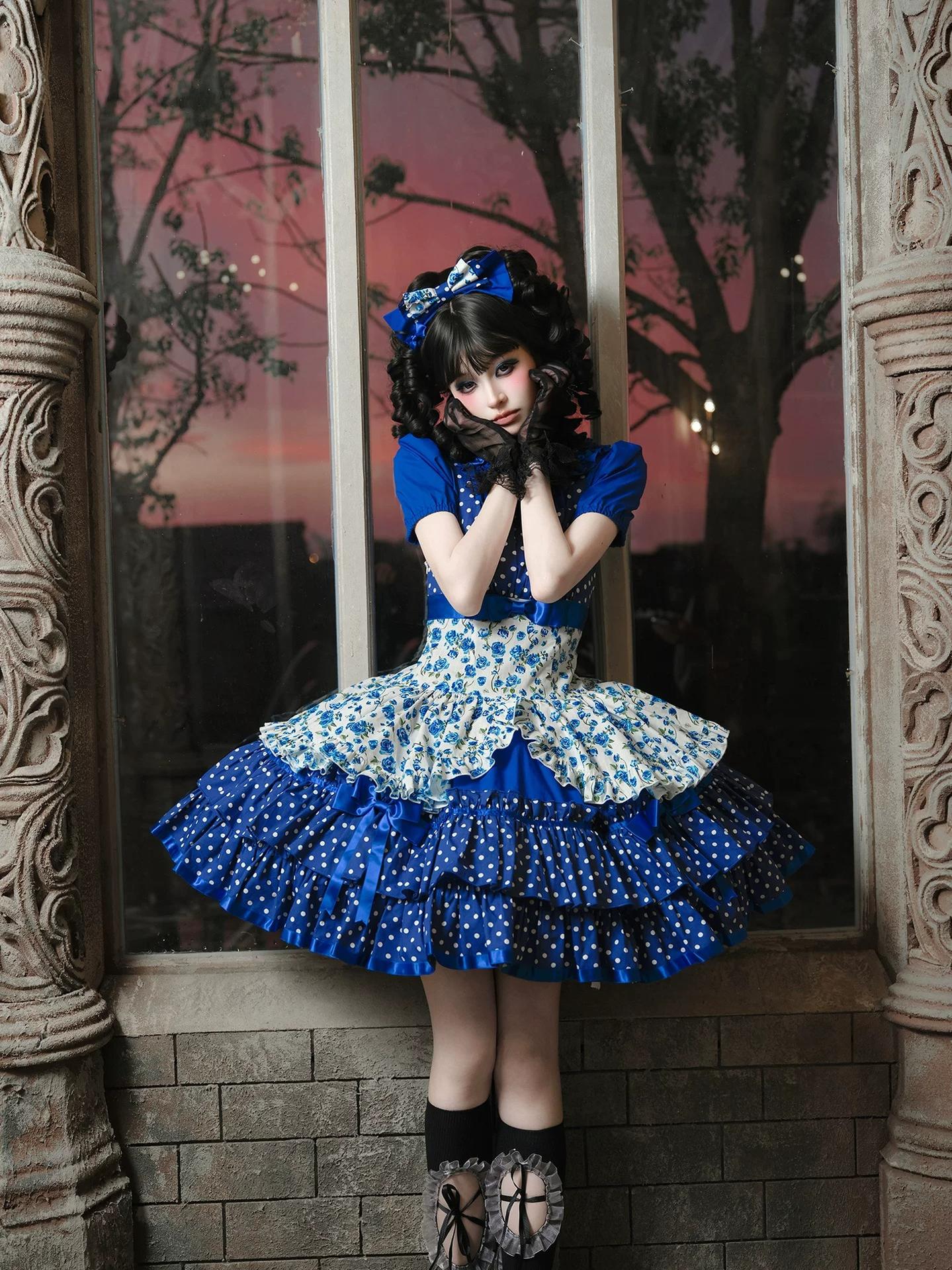 Libobo - Cotton Old School Lolita JSK Dress, Polka Dot & Floral Print 45878:866136