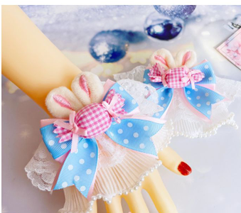 Sweetheart Endless~Sweet Lolita Cuffs Handmade Multicolor Rabbit Ears a pair of blue-pink candy rabbbit ears cuffs(pin)  