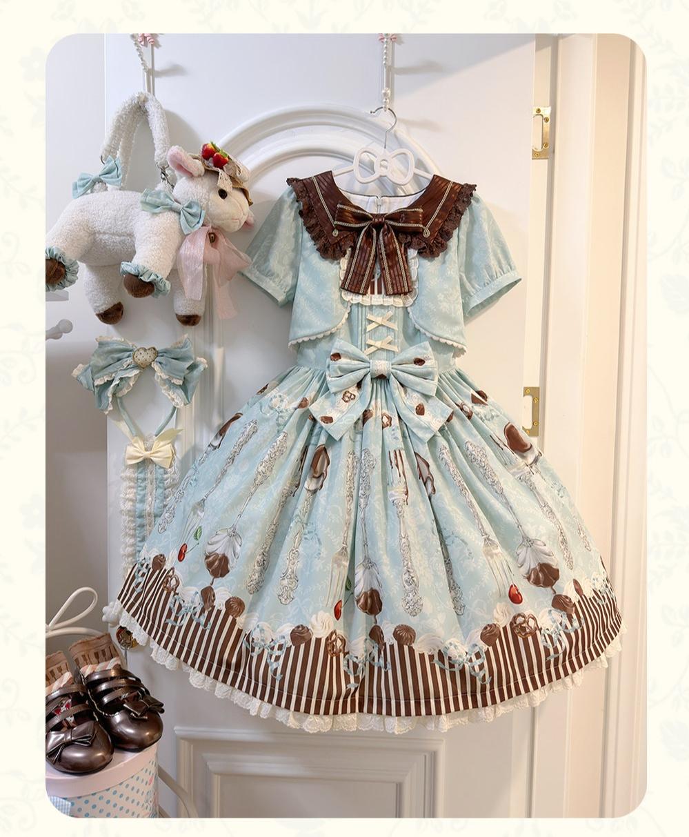 Dessert - Kawaii Lolita Sailor Collar OP Dress, Chocolate & Fork Print 44905:827095