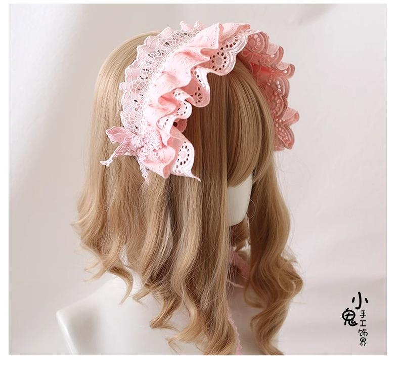 Xiaogui - Sweet Lolita Headdress Pink & White Lace Hairband