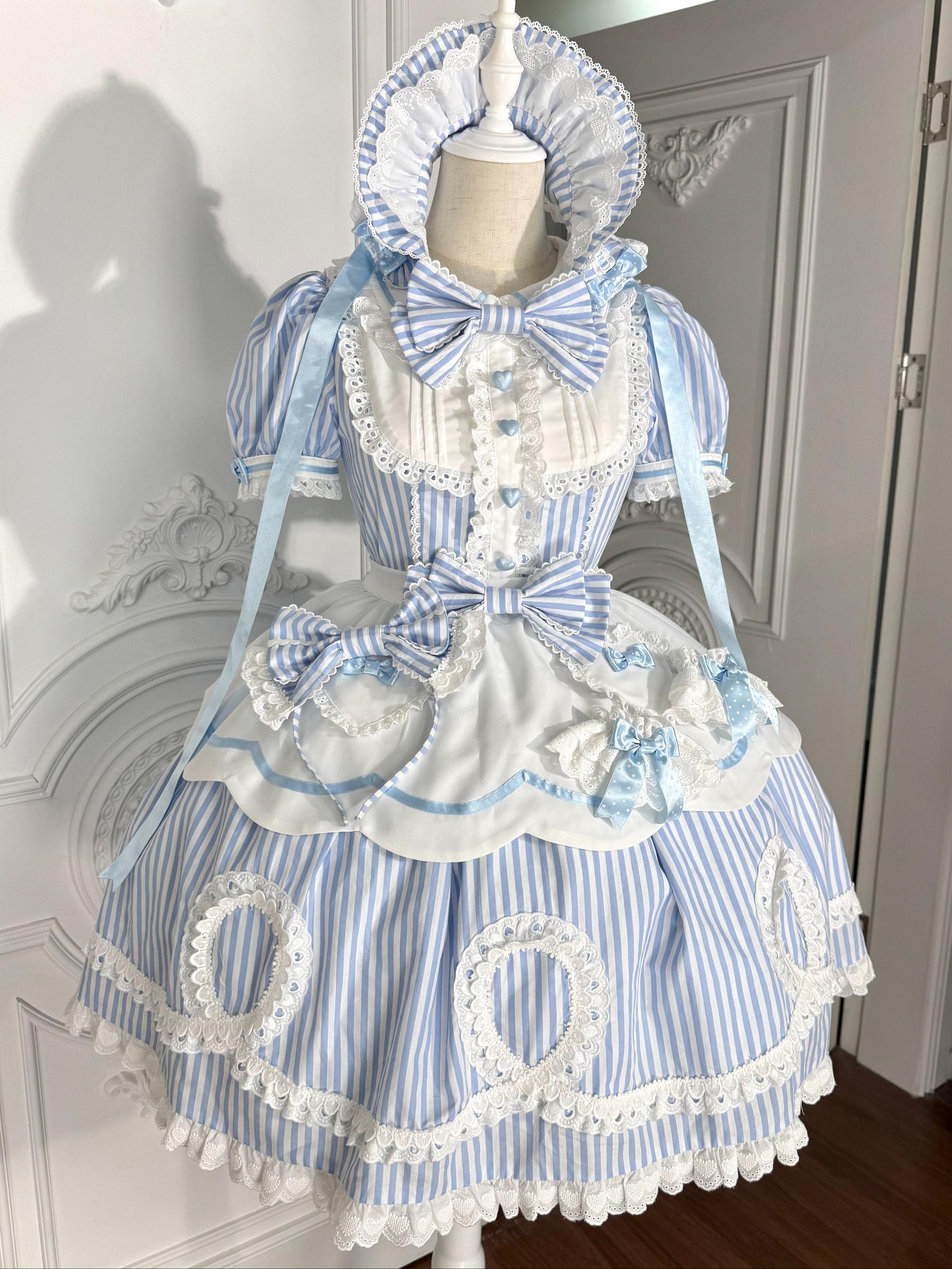 Candy Shop Manager - Old School Lolita Striped OP Dress, Detachable Apron Blue - OP (with apron) S