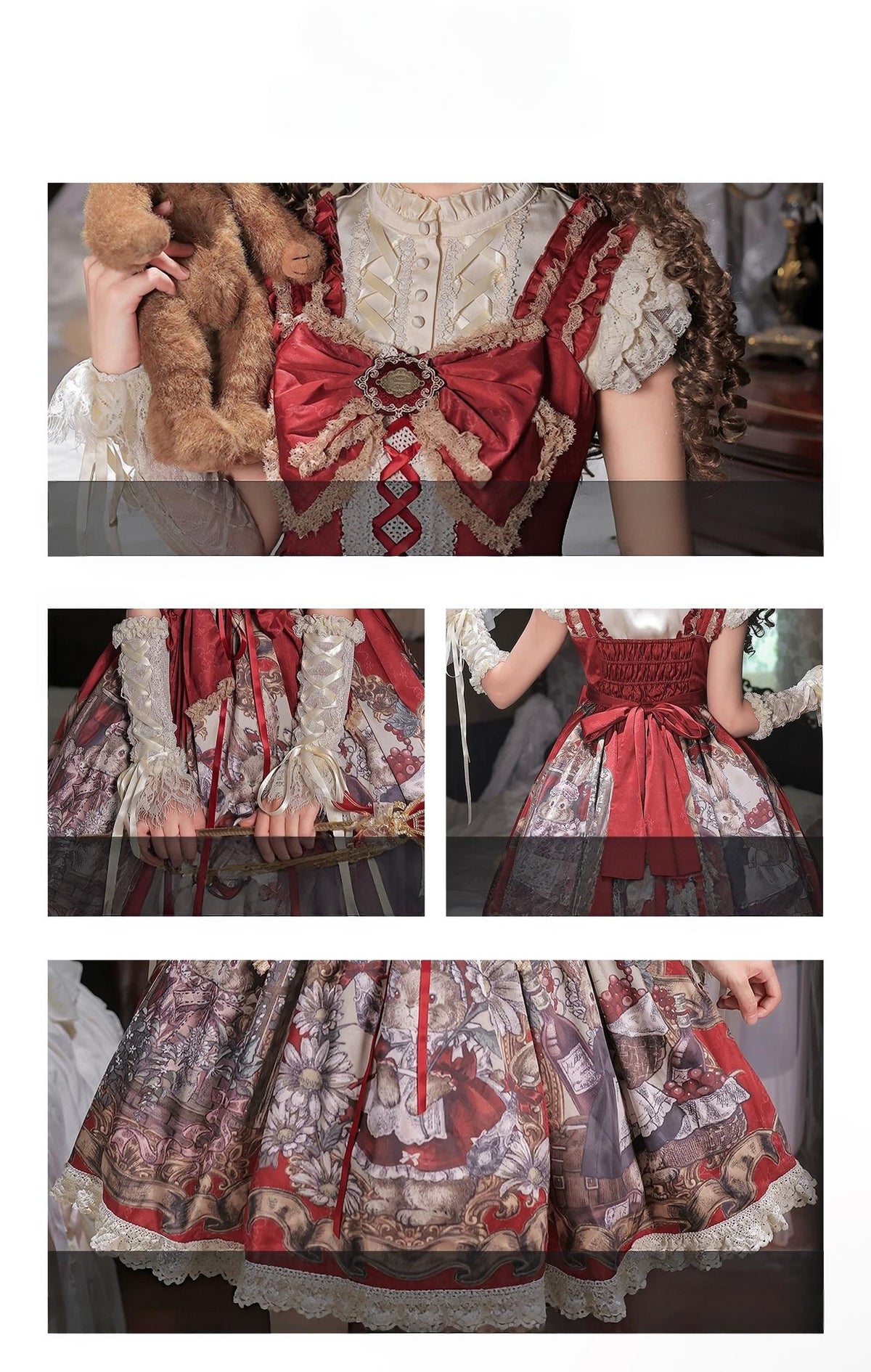 Mysterious Ribe - Red Classic Lolita Jumper Skirt & Blouse Set, Rabbit Print 45968:870089
