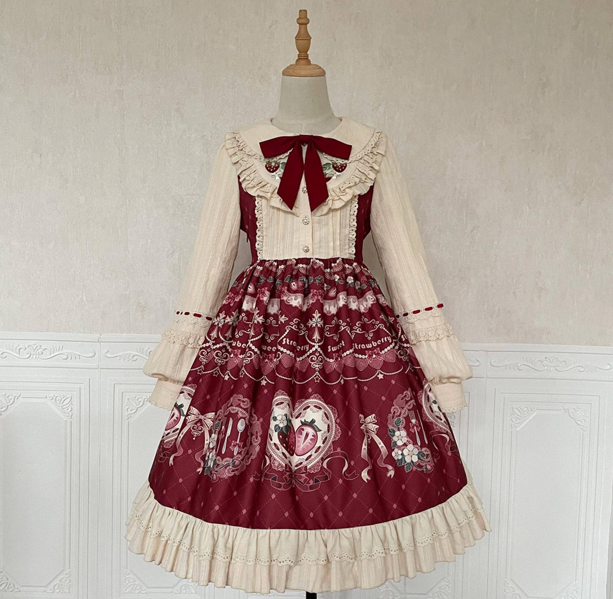 Strawberry Diary - Sweet Lolita Strawberry Print OP Dress with Cape