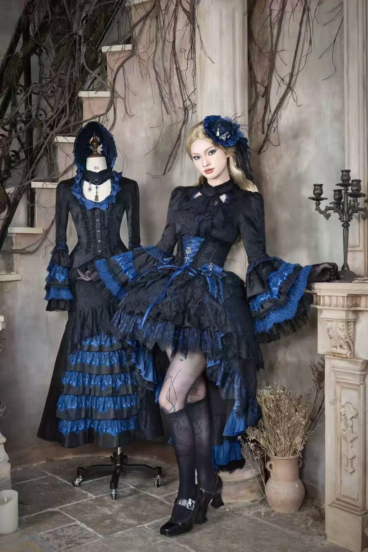 Requiem - Gothic Lolita Blouse & Skirt Set, Jacquard with Satin Lace 45969:869927