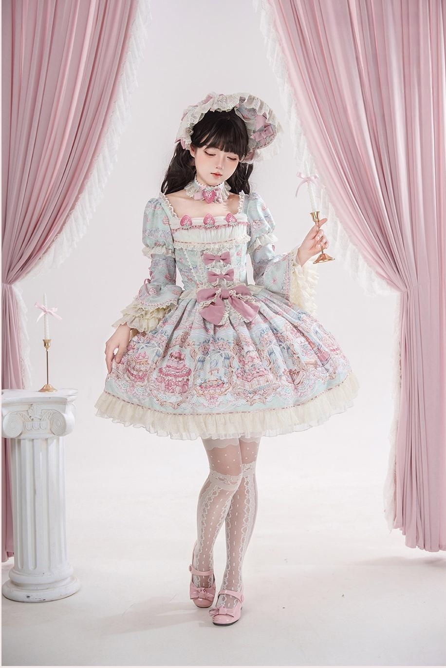 Victorian Cake - Classic Lolita OP Dress, Strawberry Cake Print