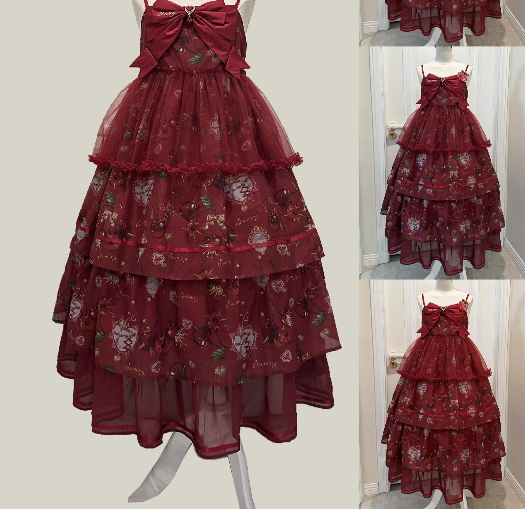 (Buy for me)Gloaming~Sweet Lolita Cherry print Short Sleeve OP and SK Set (2XL L M S XL) 28840:669088