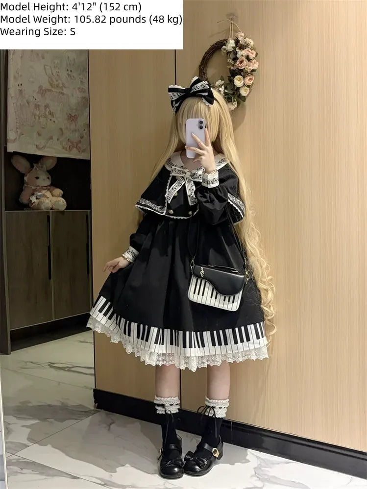 Piano Serenade - Old School Lolita Cape Layered Dress, Musical Note Embroidery 45785:862536