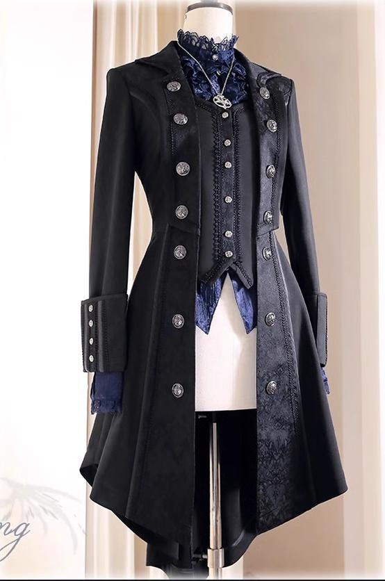 Batwing - Gothic Lolita Long Coat Ouji Lolita Windbreaker XS Black Women's Size-Gun Black Button