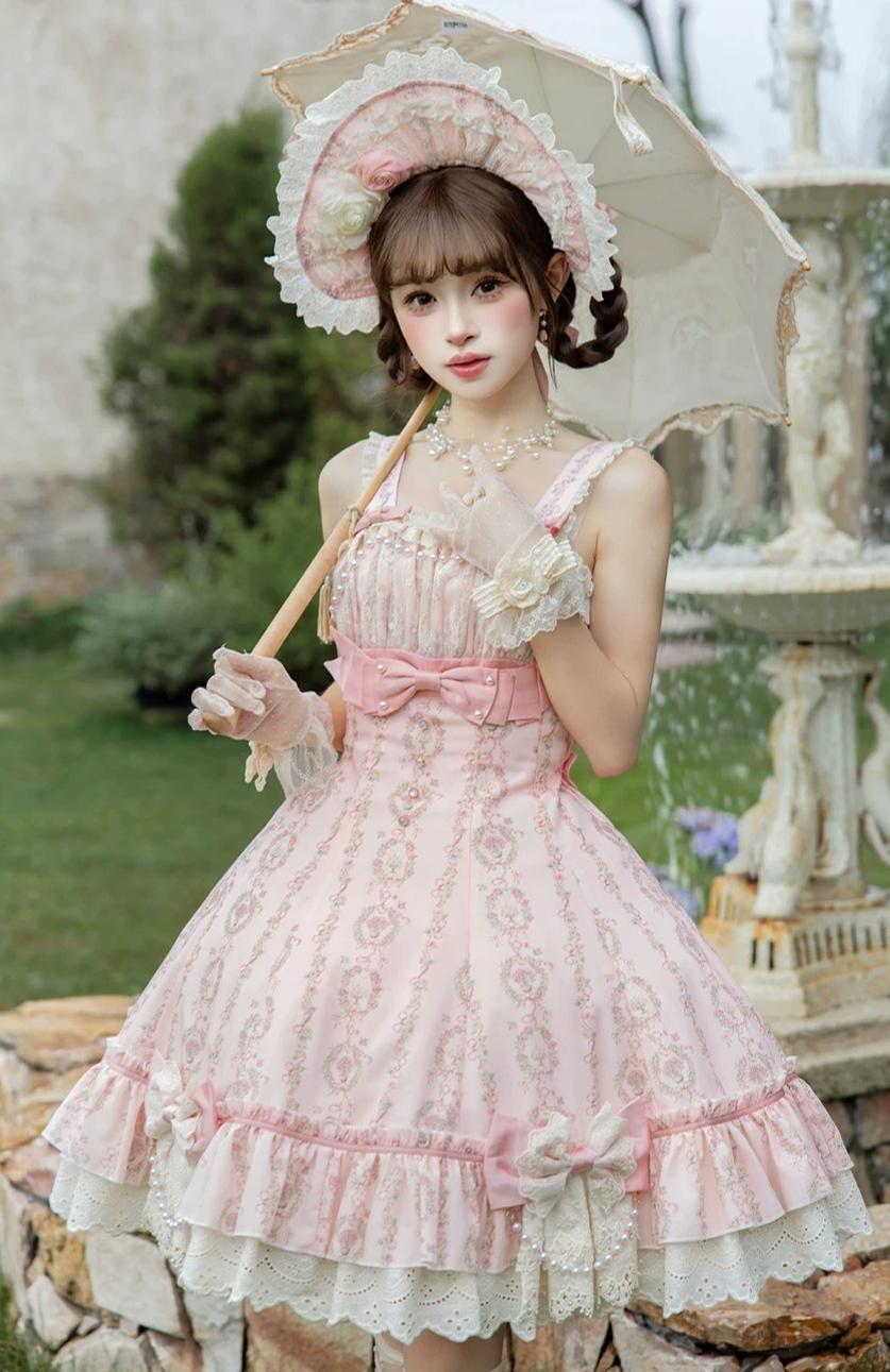 Whispers of Blossoms & Candlelight - Sweet Lolita Floral Printed JSK Dress with Bows 45631:856586