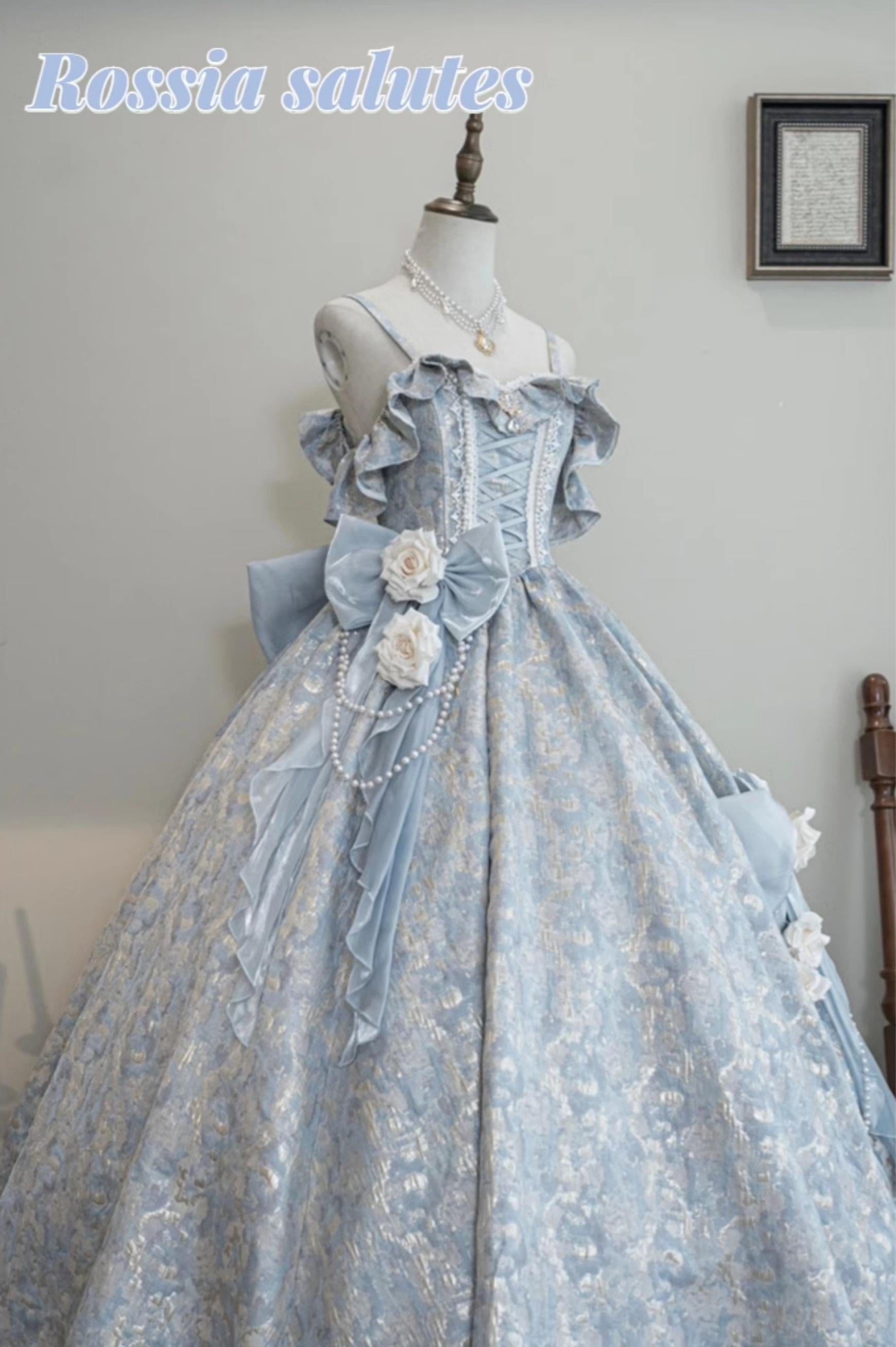 Nectarine White Tea - Rossia Salutes - Embossed Jacquard, Rose Accent, Bridal Wedding Lolita JSK Dress Regular Length - Single JSK XS